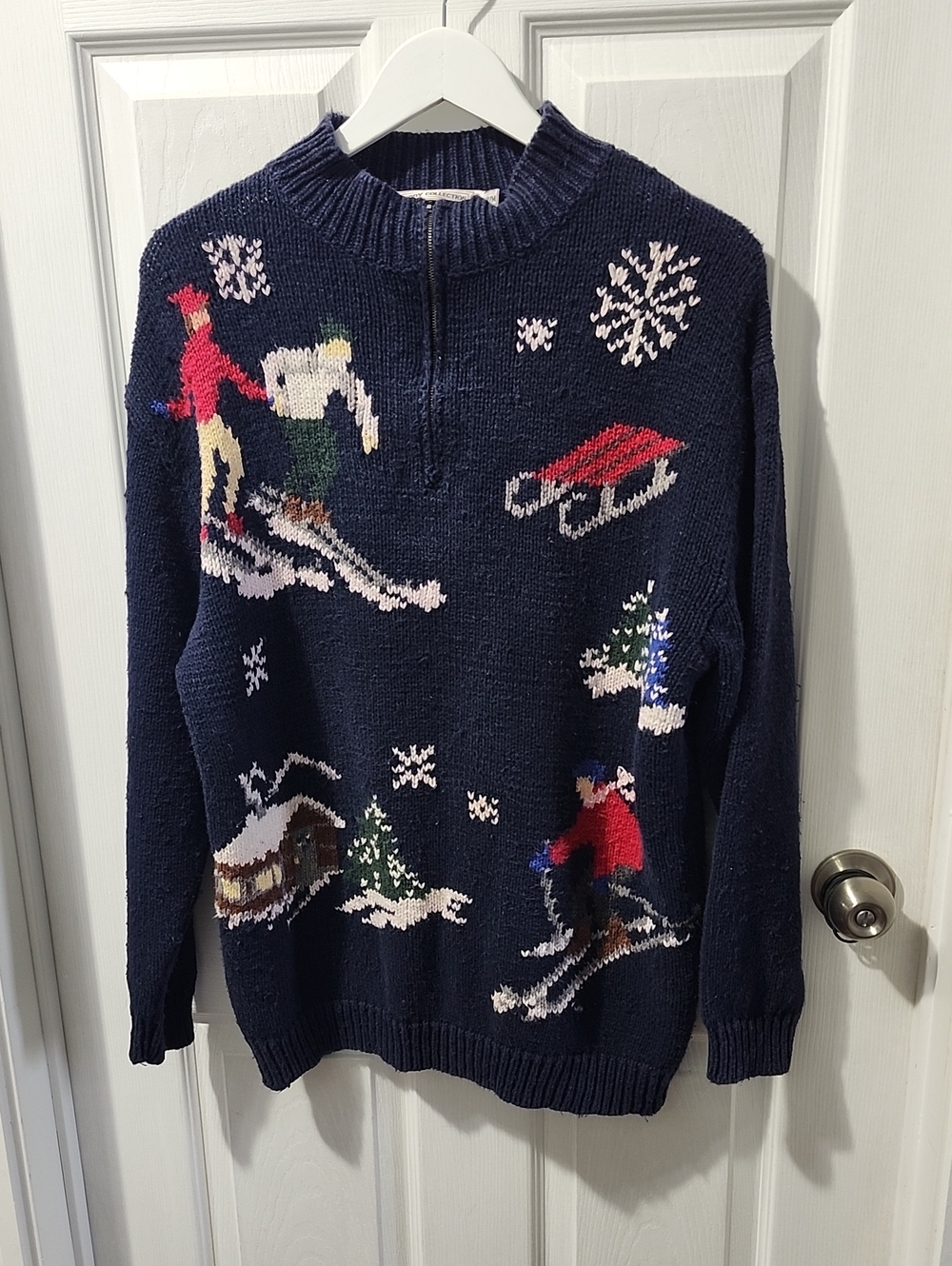 Men's Navy Ski Scene Half-Zip Sweater Vintage Medium Winter Holiday